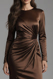 Coffee Mermaid Crew Neck Satin Long Evening Dress