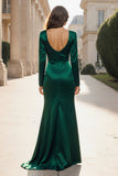 Dark Green Mermaid V-Neck Satin Long Evening Dress with Slit