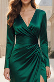 Dark Green Mermaid V-Neck Satin Long Evening Dress with Slit