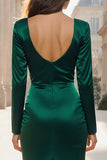 Dark Green Mermaid V-Neck Satin Long Evening Dress with Slit