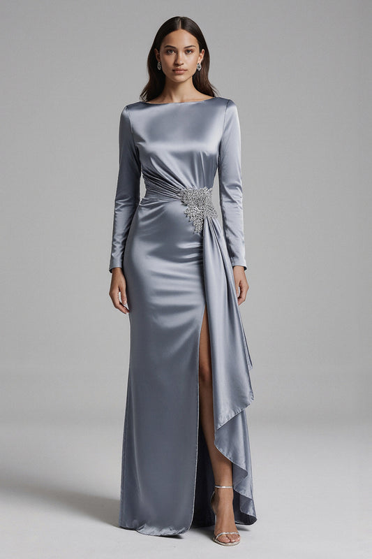 Dusty Blue Mermaid Satin Long Sleeves Evening Dress with Slit