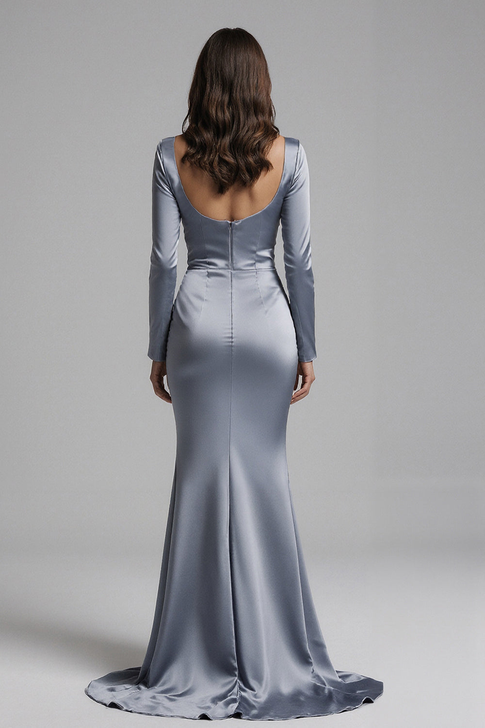Dusty Blue Mermaid Satin Long Sleeves Evening Dress with Slit