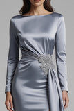 Dusty Blue Mermaid Satin Long Sleeves Evening Dress with Slit