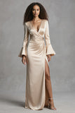 Champagne Mermaid Flare Sleeves Long Evening Dress with Slit