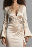 Champagne Mermaid Flare Sleeves Long Evening Dress with Slit