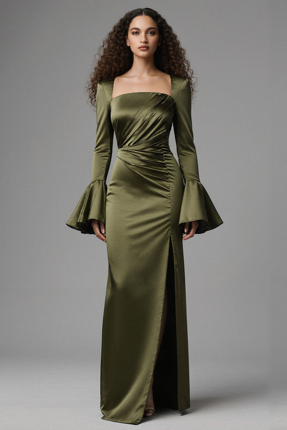 Olive Mermaid Satin Flare Sleeves Long Evening Dress with Slit