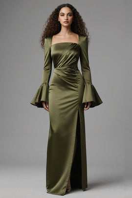 Olive Mermaid Satin Flare Sleeves Long Evening Dress with Slit