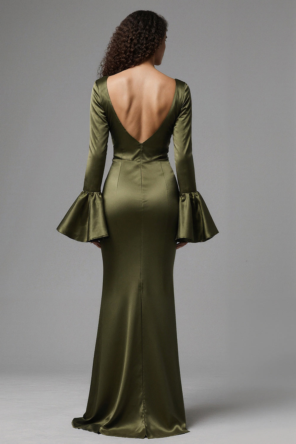 Olive Mermaid Satin Flare Sleeves Long Evening Dress with Slit