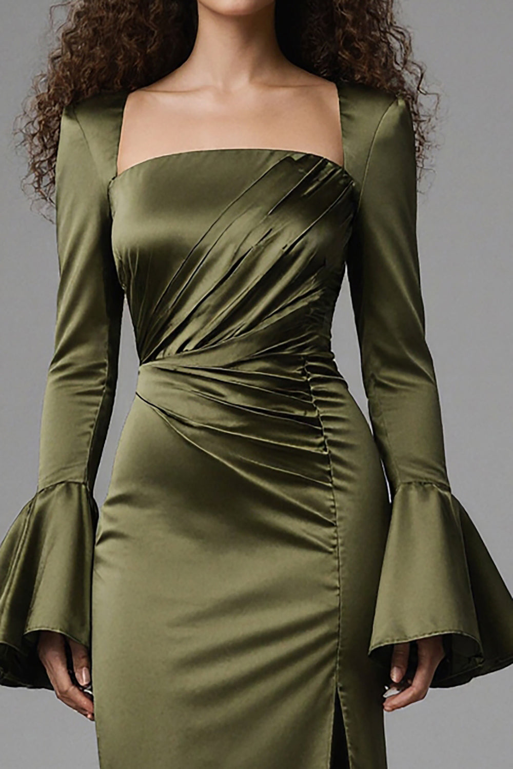Olive Mermaid Satin Flare Sleeves Long Evening Dress with Slit