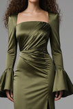 Olive Mermaid Satin Flare Sleeves Long Evening Dress with Slit