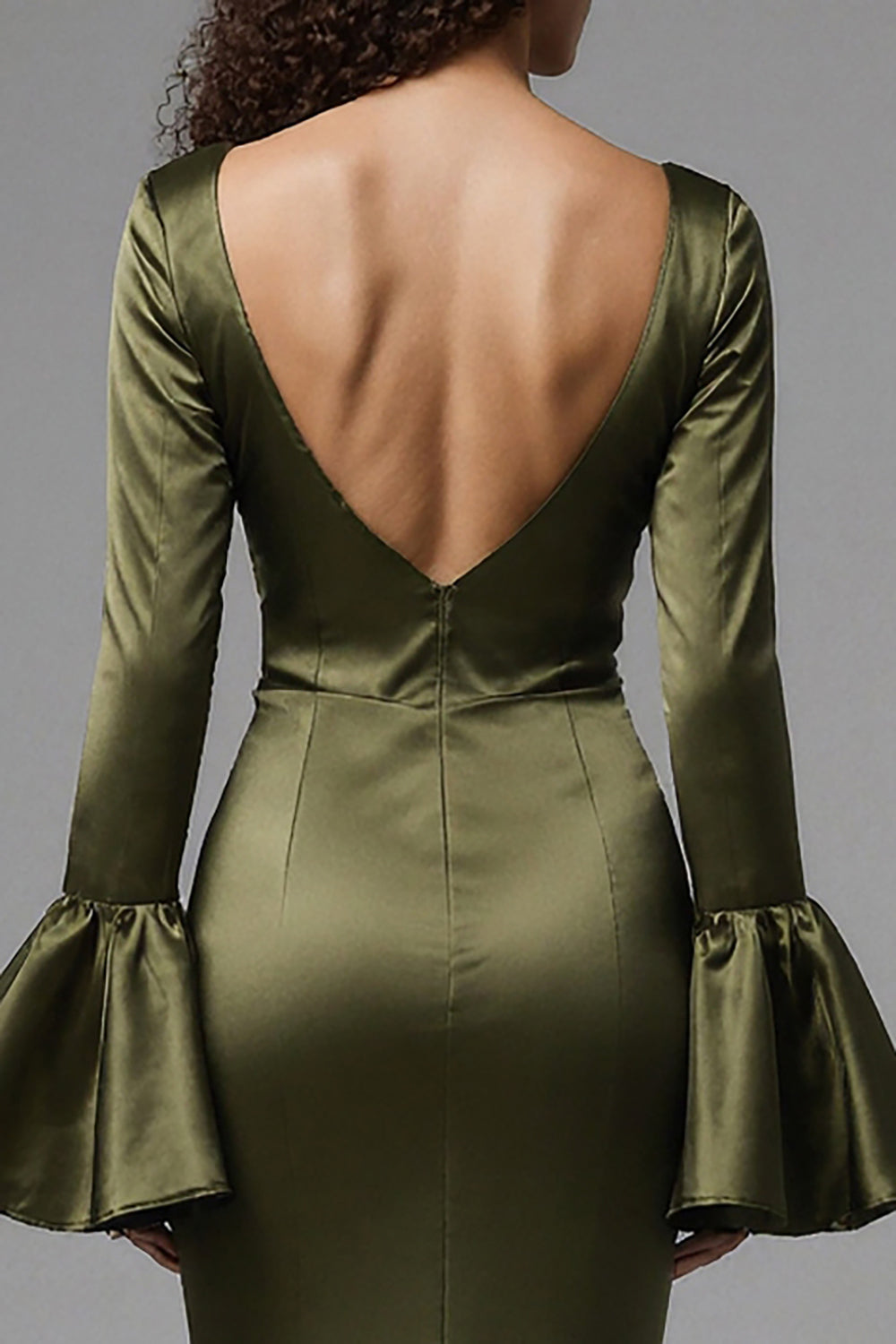 Olive Mermaid Satin Flare Sleeves Long Evening Dress with Slit
