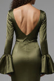 Olive Mermaid Satin Flare Sleeves Long Evening Dress with Slit