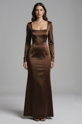Coffee Mermaid Square Neck Satin Long Sleeves Evening Dress