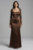 Coffee Mermaid Square Neck Satin Long Sleeves Evening Dress