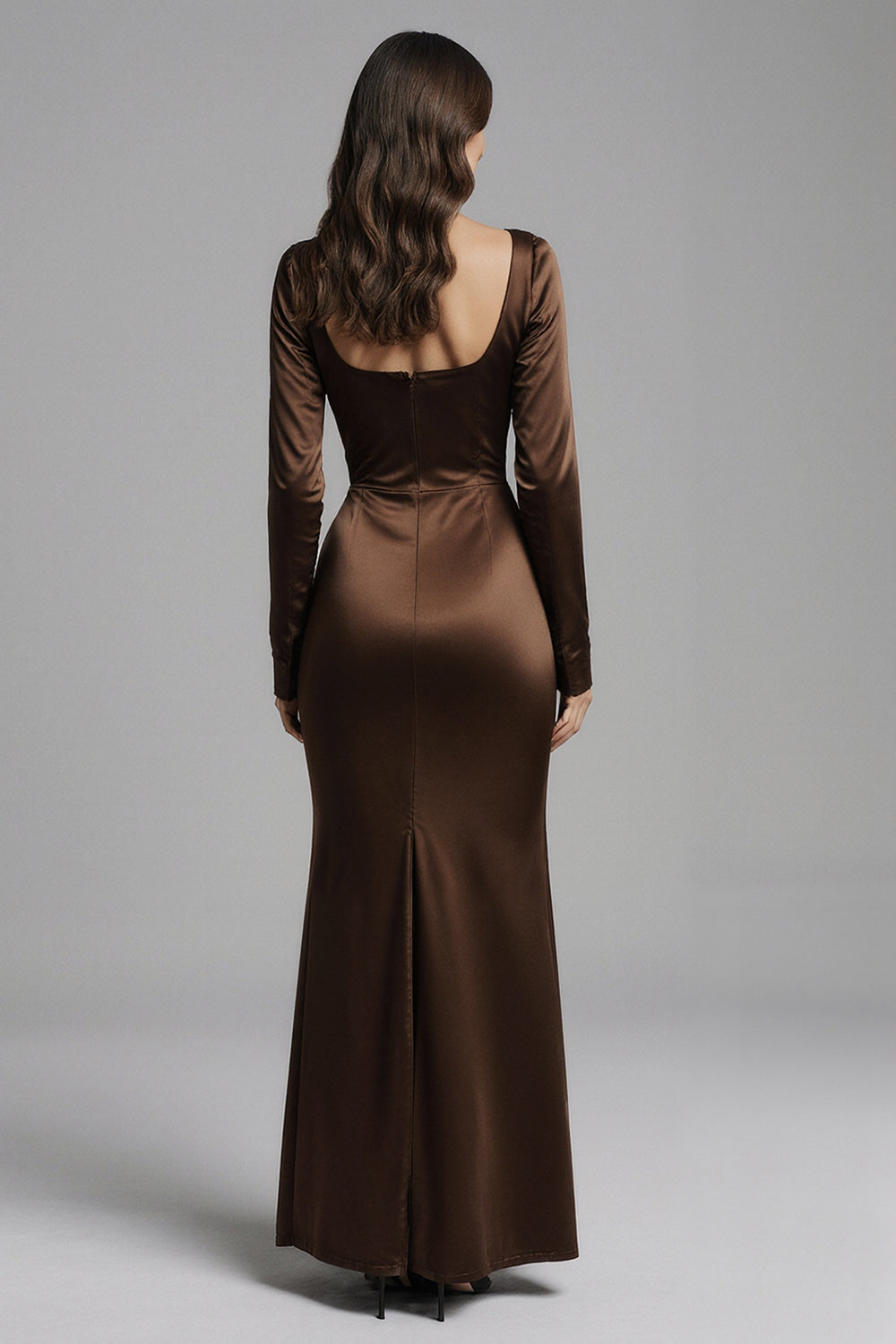 Coffee Mermaid Square Neck Satin Long Sleeves Evening Dress