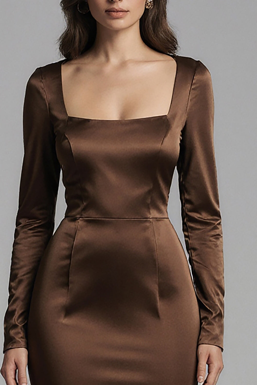 Coffee Mermaid Square Neck Satin Long Sleeves Evening Dress
