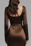 Coffee Mermaid Square Neck Satin Long Sleeves Evening Dress
