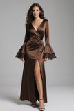 Coffee Mermaid V-Neck Satin Long Evening Dress with Slit