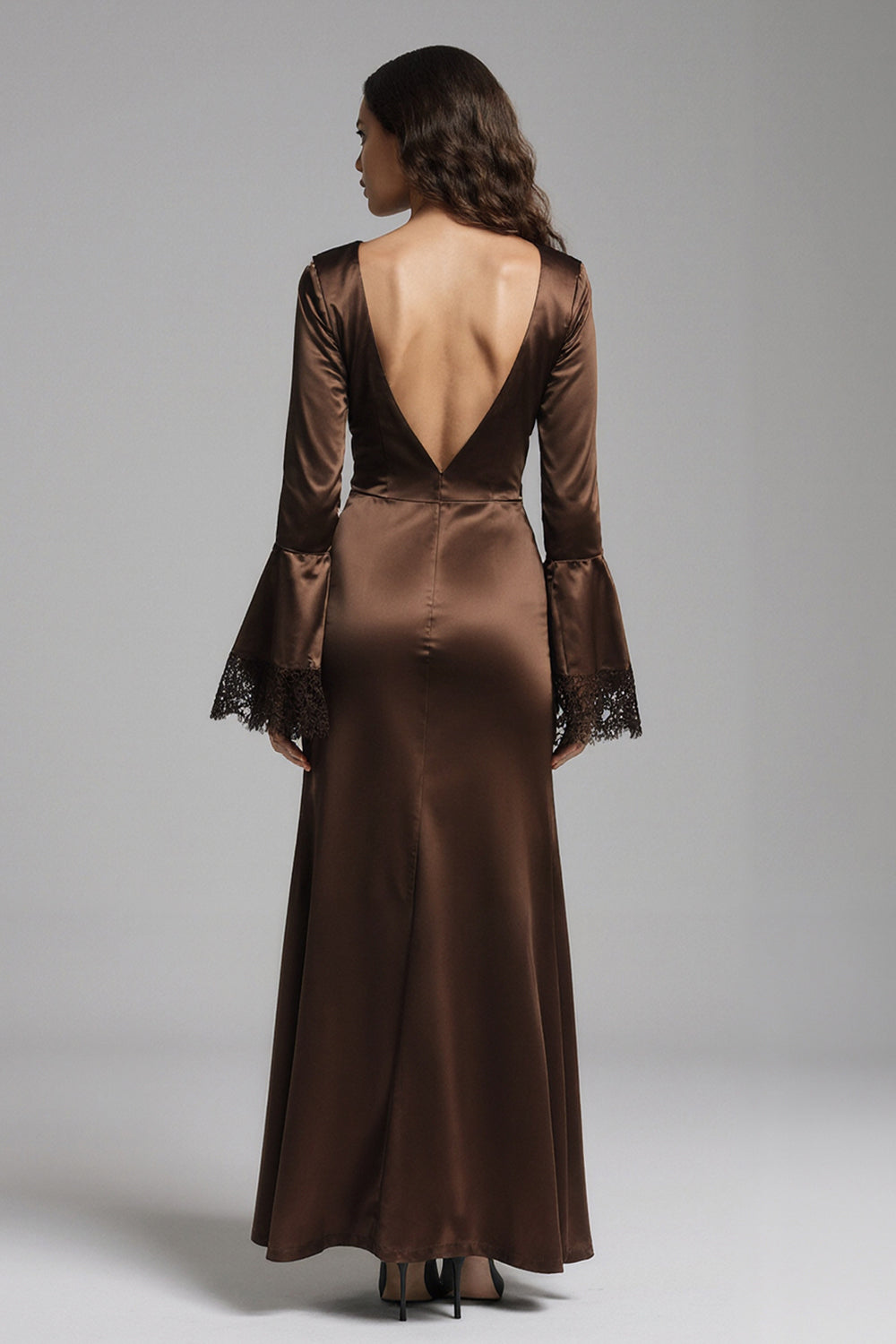 Coffee Mermaid V-Neck Satin Long Evening Dress with Slit