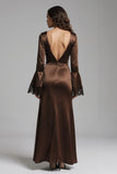 Coffee Mermaid V-Neck Satin Long Evening Dress with Slit