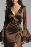 Coffee Mermaid V-Neck Satin Long Evening Dress with Slit