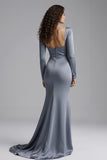 Sparkly Dusty Blue Mermaid Beaded Long Evening Dress with Slit