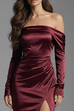 Burgundy Mermaid Ruched Off the Shoulder Long Evening Dress with Slit