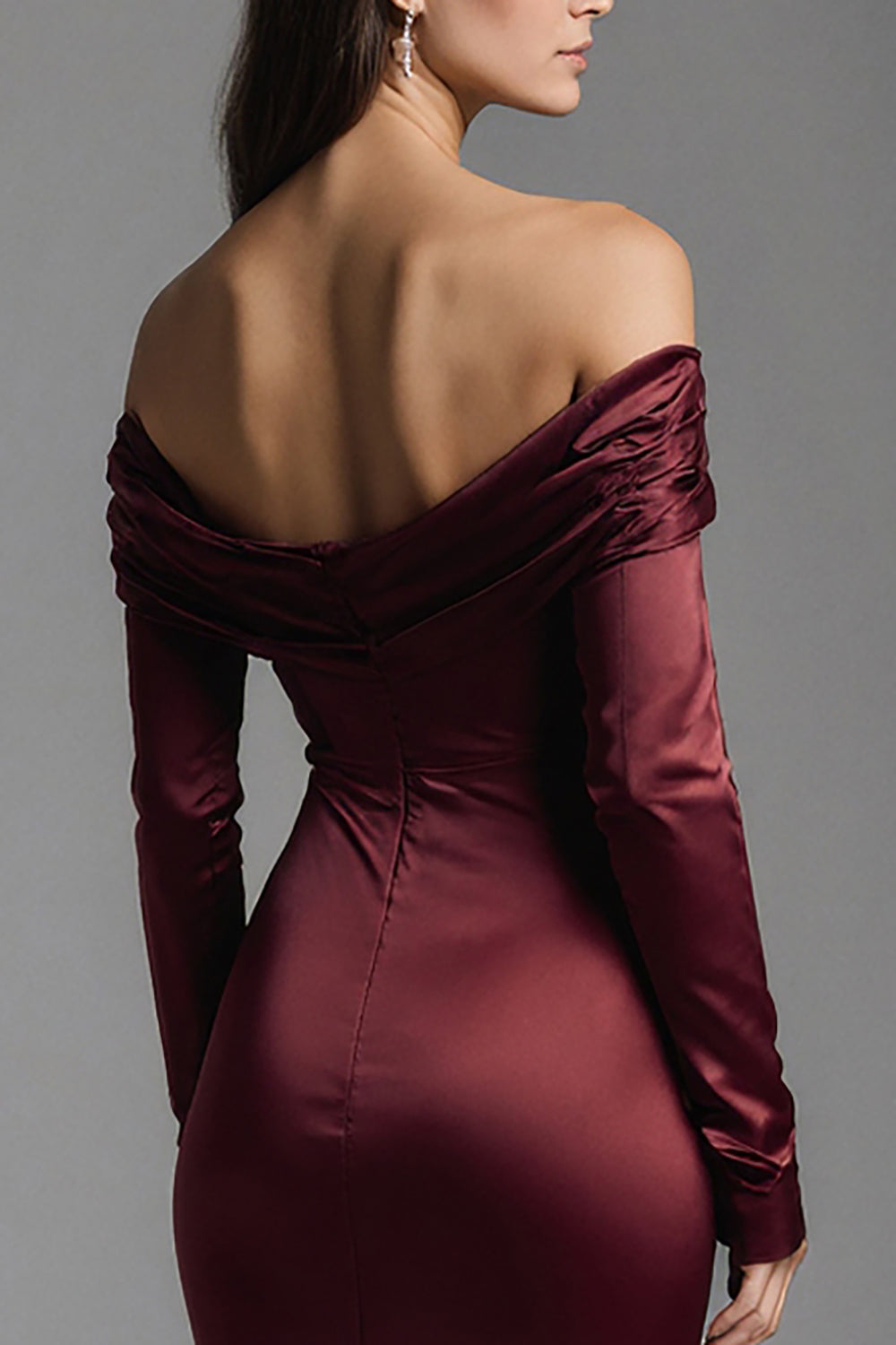 Burgundy Mermaid Ruched Off the Shoulder Long Evening Dress with Slit