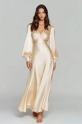 Champagne V-Neck Satin Backless Long Sleeves Evening Dress