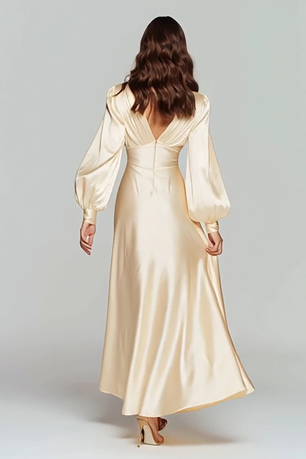 Champagne V-Neck Satin Backless Long Sleeves Evening Dress