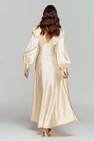 Champagne V-Neck Satin Backless Long Sleeves Evening Dress