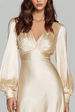 Champagne V-Neck Satin Backless Long Sleeves Evening Dress