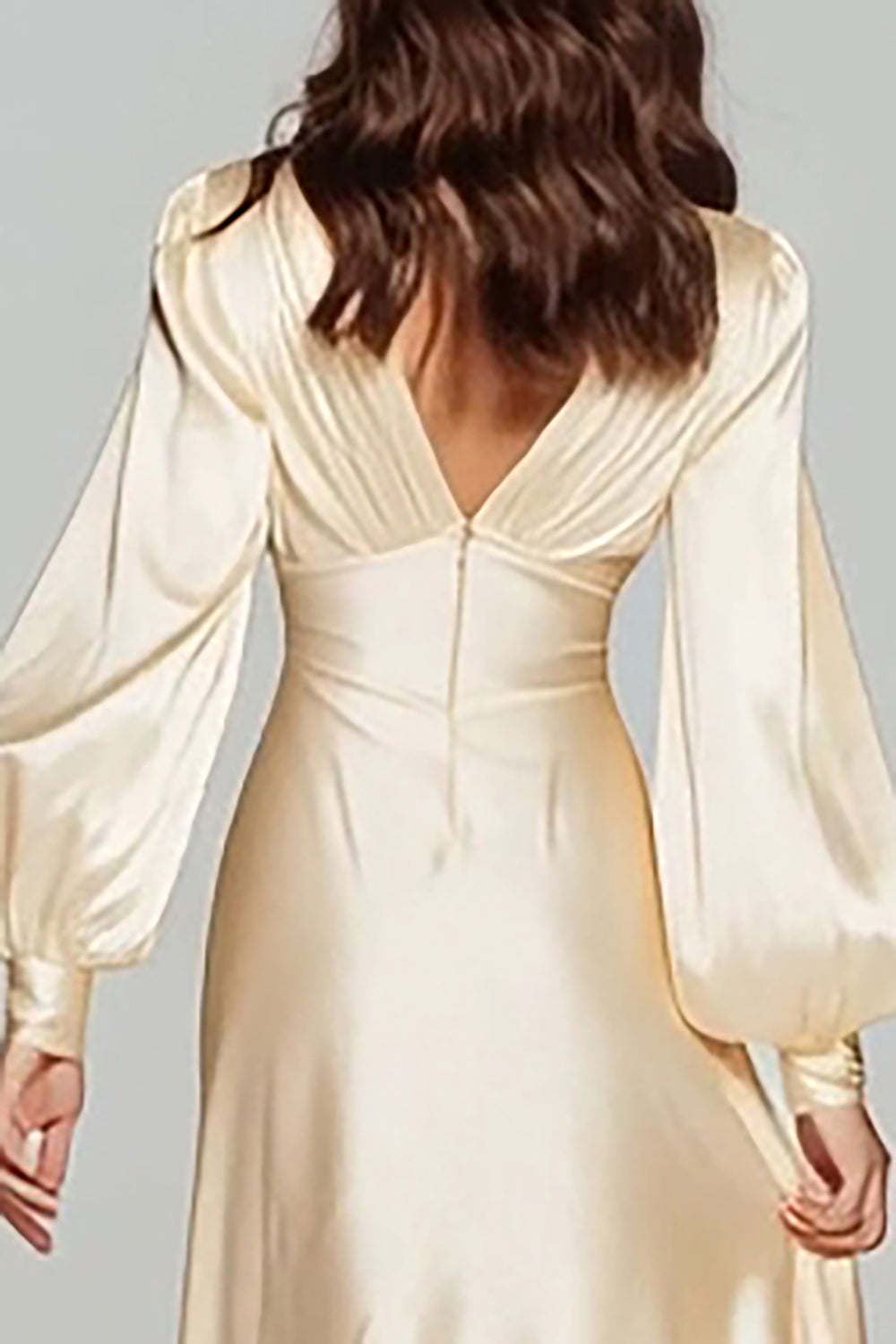 Champagne V-Neck Satin Backless Long Sleeves Evening Dress