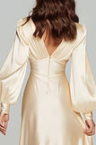 Champagne V-Neck Satin Backless Long Sleeves Evening Dress
