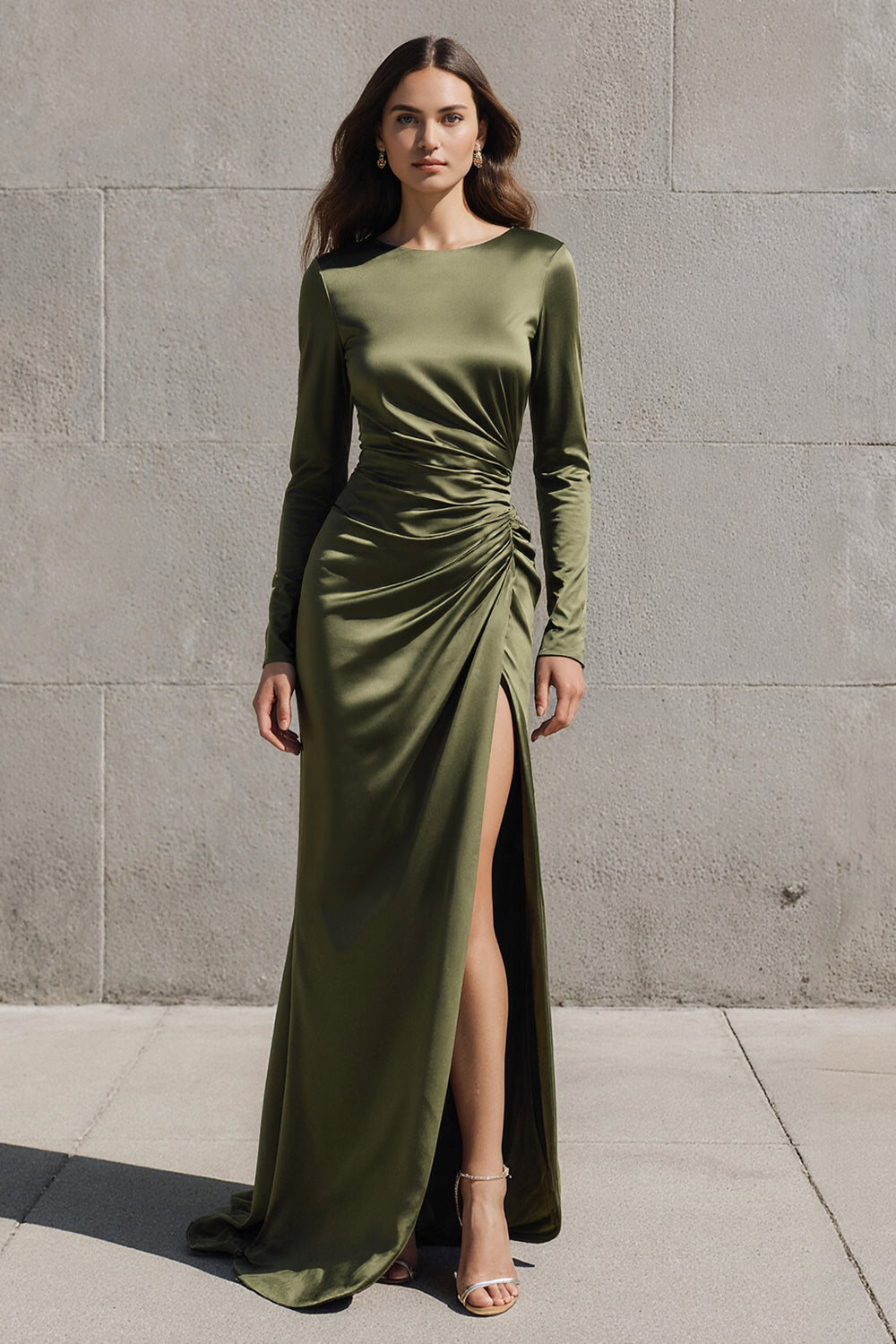Olive Boat Neck Satin Mermaid Long Sleeves Evening Dress with Slit