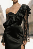 Black One Shoulder Satin Ruffled Long Evening Dress with Lace