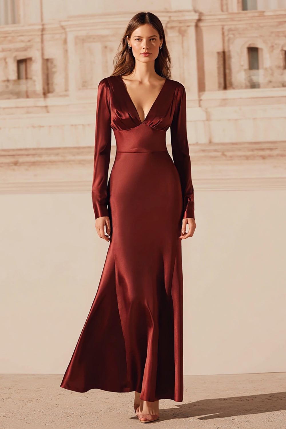 Burgundy Satin V-Neck Mermaid Long Evening Dress with Sleeves