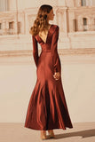 Burgundy Satin V-Neck Mermaid Long Evening Dress with Sleeves