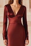 Burgundy Satin V-Neck Mermaid Long Evening Dress with Sleeves