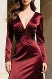 Burgundy Satin V-Neck Mermaid Long Sleeves Evening Dress