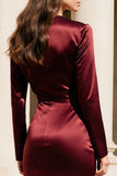 Burgundy Satin V-Neck Mermaid Long Sleeves Evening Dress