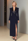 Navy Sheath Single Breasted Peak Lapel Long Blazer Dress with Slit