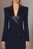 Navy Sheath Single Breasted Peak Lapel Long Blazer Dress with Slit