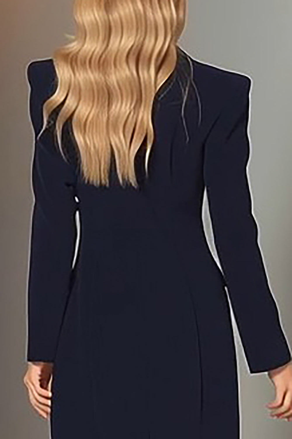 Navy Sheath Single Breasted Peak Lapel Long Blazer Dress with Slit