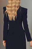 Navy Sheath Single Breasted Peak Lapel Long Blazer Dress with Slit