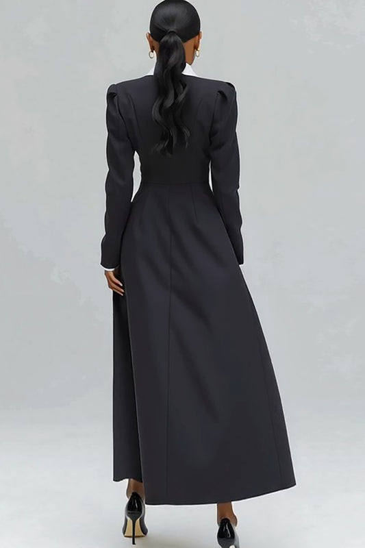 Black Single Breasted Notched Lapel Long Blazer Dress with Slit