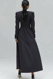 Black Single Breasted Notched Lapel Long Blazer Dress with Slit
