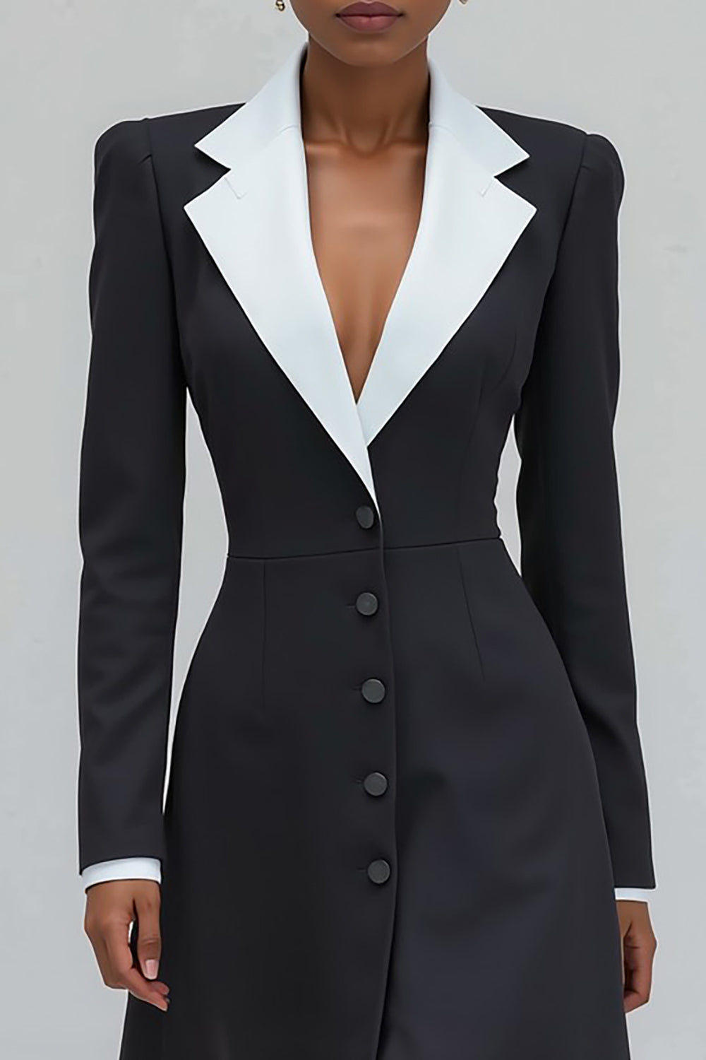 Black Single Breasted Notched Lapel Long Blazer Dress with Slit