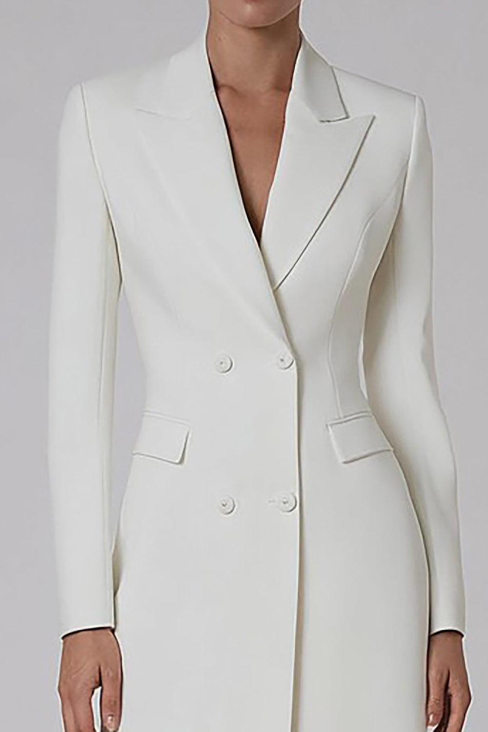 Ivory Double Breasted Peak Lapel Midi Blazer Dress