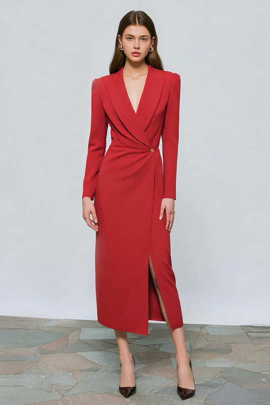 Red One Button Peak Lapel Ruched Midi Blazer Dress with Slit
